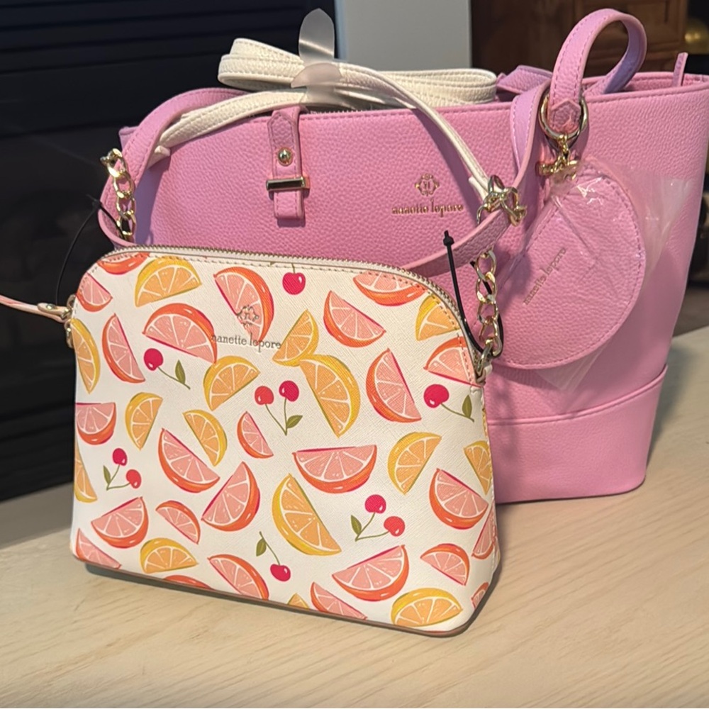 Nanette Lepore Pink Handbag & Crossover Bag with Fruit Design